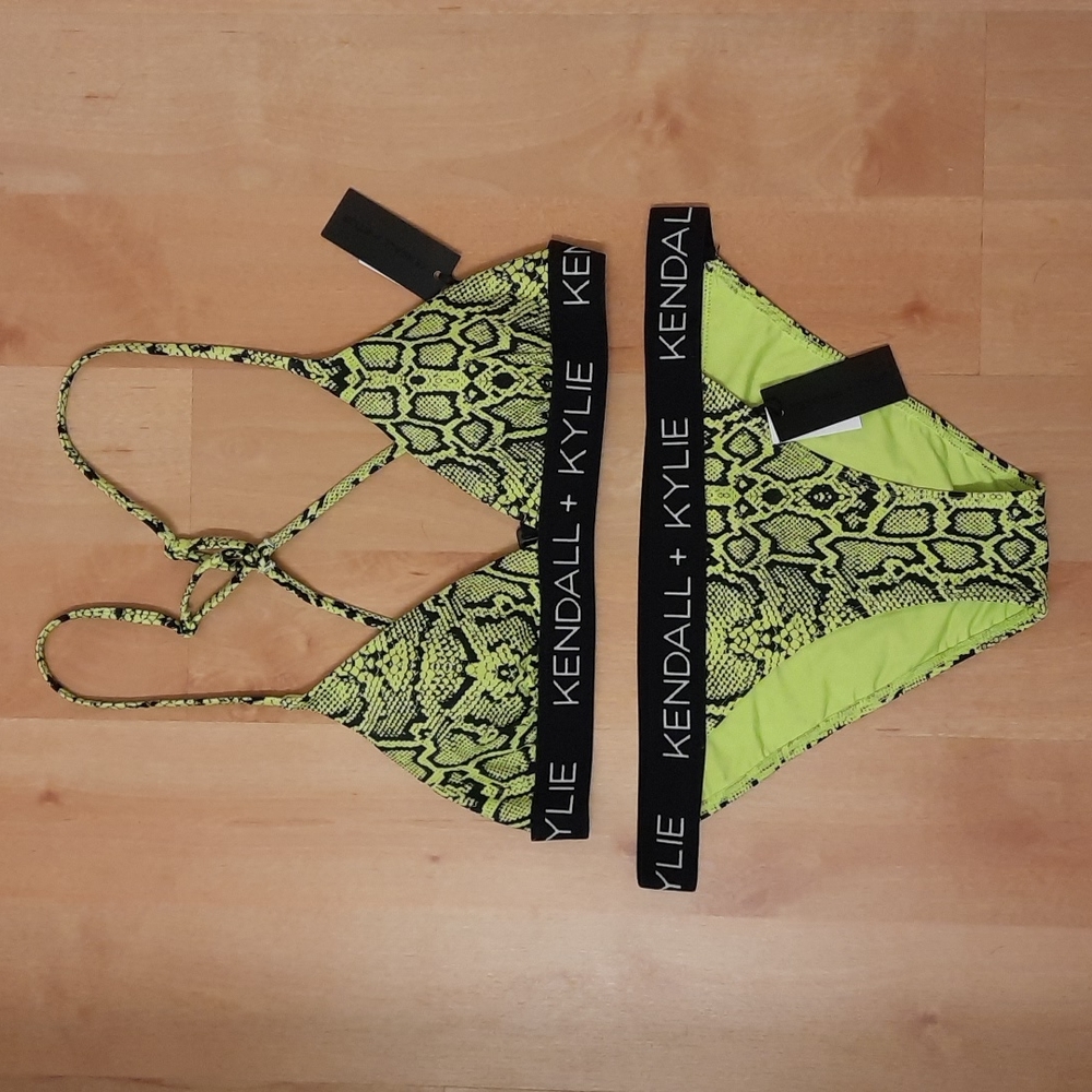 NWT, Kendall + Kylie Neon Yellow Snake Print Bikini Set